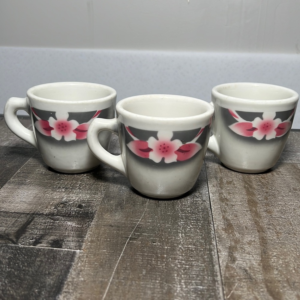 Vintage Sterling Vitrified China Coffee Cup Flower Design Set of Three